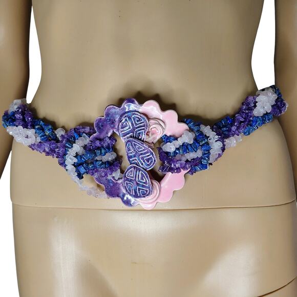 Ceramic Purple Amethyst Lapis Lazuli Rose Quartz Belt Statement Buckle Vintage main image 8